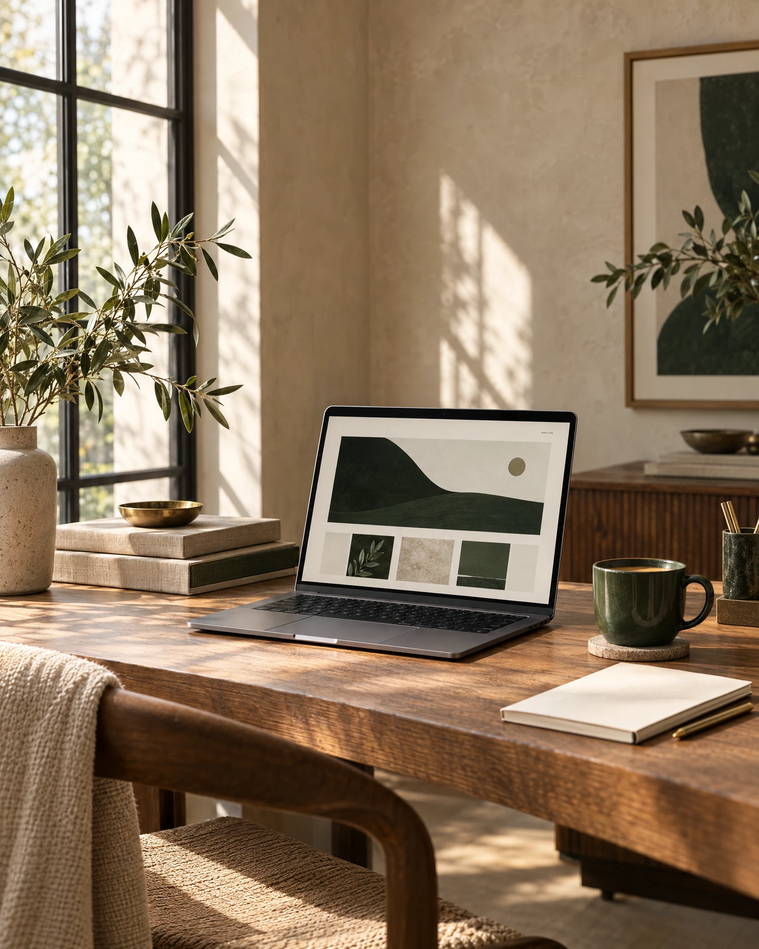 Sunlit creative workspace with a laptop, books, and a notebook